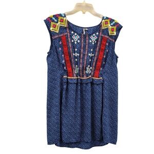 New Directions Weekend Womens Blue Geometric Embroidered‎ Boho Hippie Top M